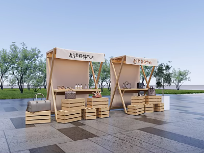 Outdoor Cultural Creative Market Stalls With Wooden Frames And Tree View 3d model