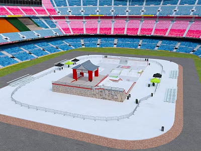 Cartoon Stadium Scene With Colorful Seats Central Platform Pavilion And Green Fence 3d model