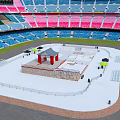 Cartoon Stadium Scene With Colorful Seats Central Platform Pavilion And Green Fence