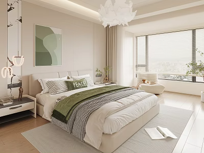 Cozy Modern Beige Bedroom Interior With Large Bed Green Blanket Striped Pillows And Chandelier 3d model