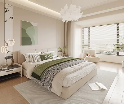 Cozy Modern Beige Bedroom Interior With Large Bed Green Blanket Striped Pillows And Chandelier 3d model