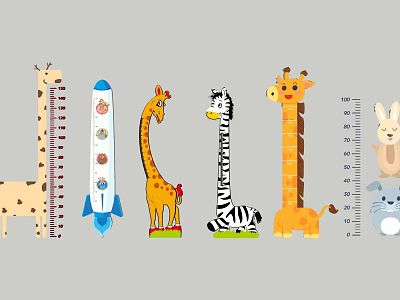 Cute Animal And Rocket Height Chart Wall Hangings For Kids Room Decor 3d model