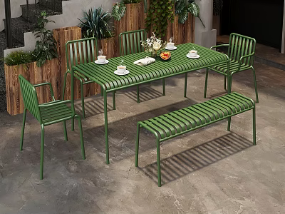 Commercial Outdoor Seating Space With Green Metal Table Chairs Bench And Plant Decorations 3d model