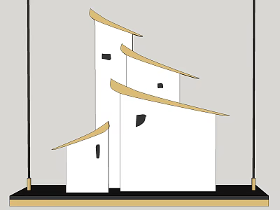 Modern Pendant Light with White House Shaped Structures and Golden Curved Roof Accents 3d model