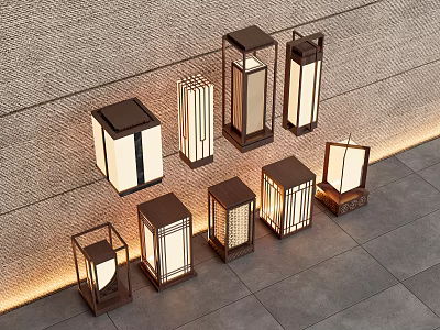 Traditional Chinese Style Outdoor Lights With Wooden Frames And Glass Panels 3d model