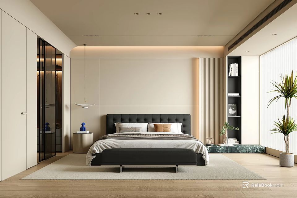 Modern Bedroom Interior Design With Black Headboard Nightstand And Bookshelf Plant 3d model 