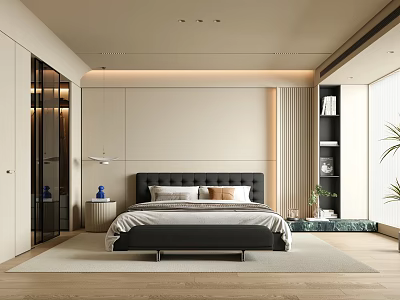Modern Bedroom Interior Design With Black Headboard Nightstand And Bookshelf Plant 3d model