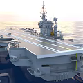 Naval Aircraft Carrier Sailing On Open Sea With Flight Deck And Military Gear