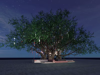 Tree Pit Surrounding Large Tree With Green Leaves Decorative Lights And Paved Ground At Night 3d model