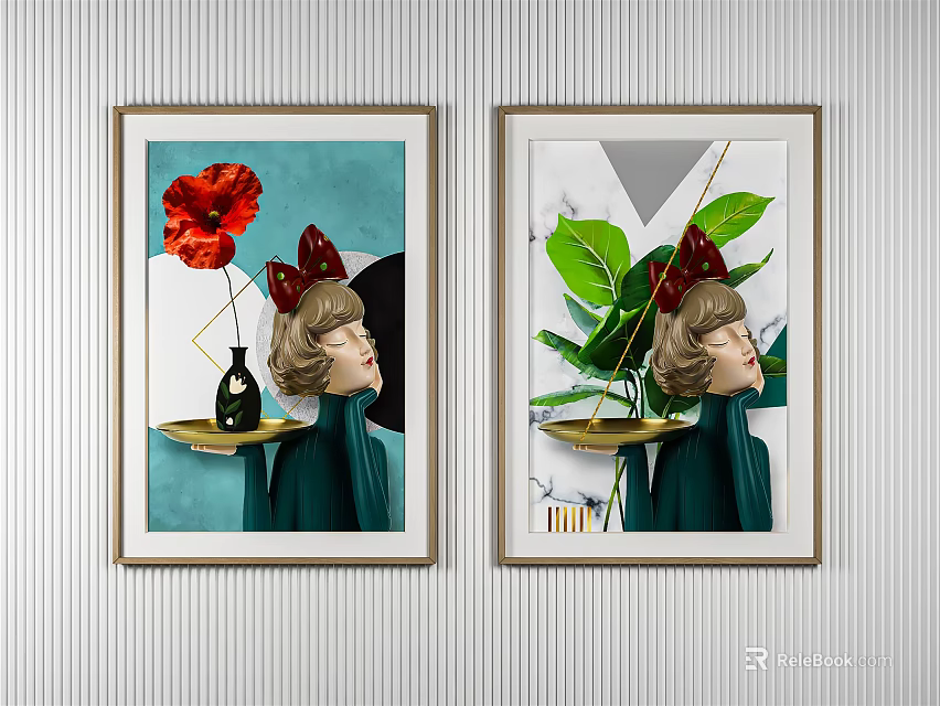 Wall Art Decor With Female Figure Red Flower And Green Leaves Hanging On Interior Wall 3d model 