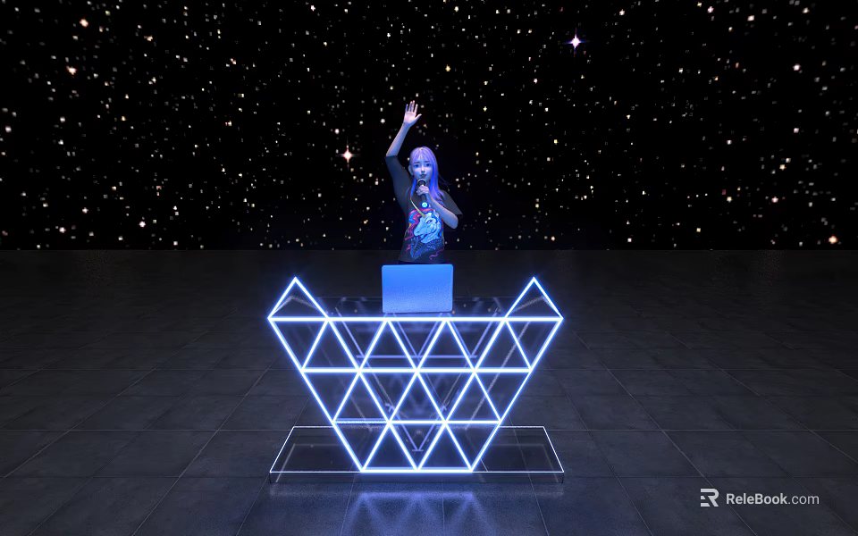 Geometric Commercial Equipment With Neon Lights Laptop And Starry Background 3d model 