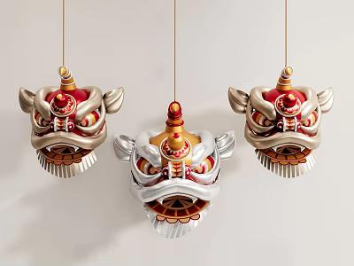 Three Traditional Lion Head Pendants with Gold Silver and Red Accents Hanging 3d model