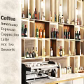 Modern Bar Counter With Wooden Top High Stools Wine Racks Bottles And Coffee Machine