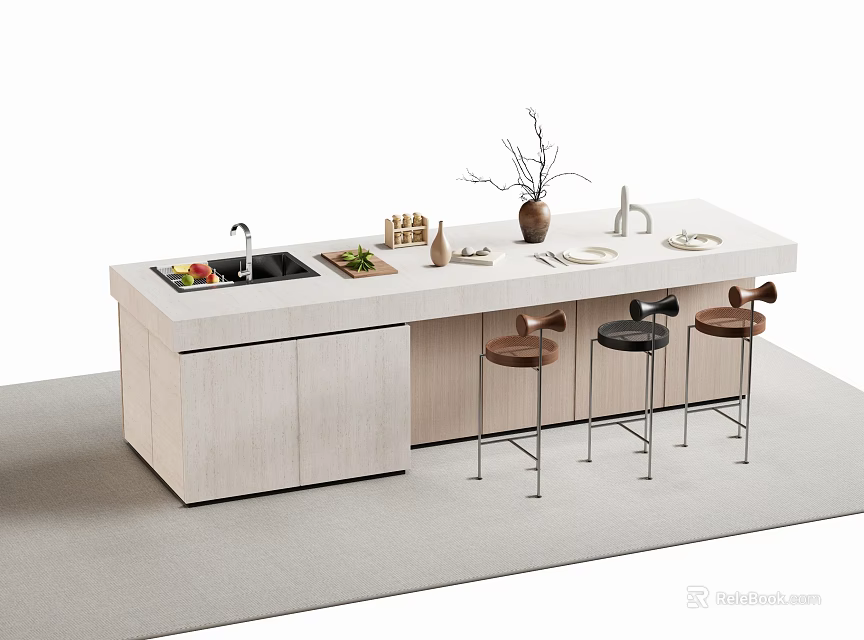 Modern Bar Counter With White Top Light Wood Cabinets And Brown Bar Stools 3d model 