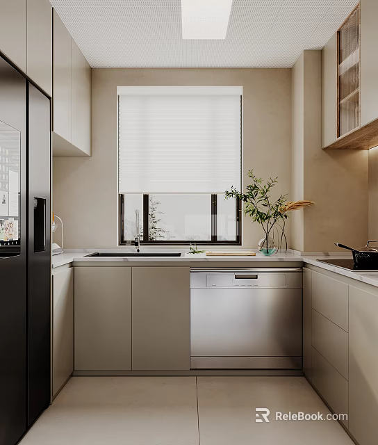 Modern Kitchen Interior With White Blinds Light Cabinets Stainless Steel Dishwasher Sink And Green Plant 3d model 