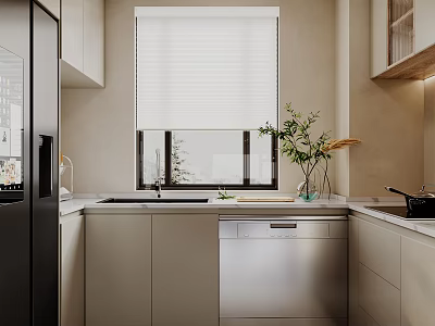 Modern Kitchen Interior With White Blinds Light Cabinets Stainless Steel Dishwasher Sink And Green Plant 3d model