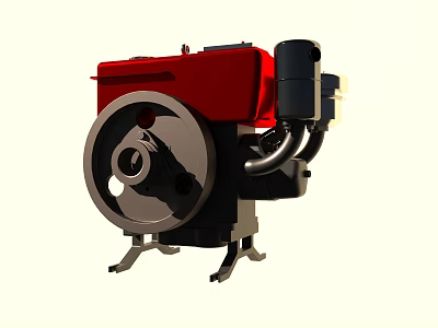 Industrial Engine With Red Casing Black Components And Flywheel Support Base 3d model