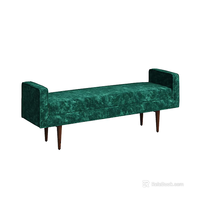 Elegant Green Velvet Bed Bench With Armrests And Wooden Legs Design 3d model 