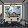 Modern Kids Room Interior With Whale Mural Chandelier Stuffed Toys And Soft Rug