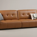 Modern Brown Leather Multi Seater Sofa With Button Tufted Design And Checkered Abstract Pillows 3d model