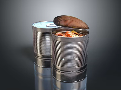 Open Metal Tin Can With Fresh Seafood Inside Next To Closed Canister 3d model