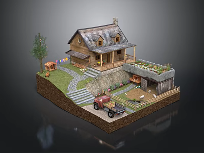 Scenic Countryside Cabin With Green Grass Vintage Truck Garden Steps And Colorful Flags 3d model