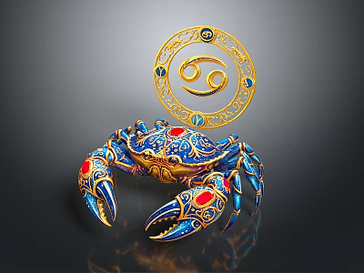 Blue And Gold Decorative Crab Figurine With Red Gemstones And Gold Circular Gemini Symbol 3d model