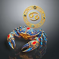 Blue And Gold Decorative Crab Figurine With Red Gemstones And Gold Circular Gemini Symbol