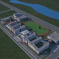 Aerial View of Modern School Building Complex with Sports Field Green Lawn and River