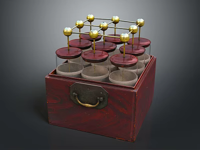 Laboratory Vial Storage Equipment With Red Wooden Box Glass Containers Red Lids And Golden Balls 3d model