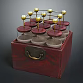 Laboratory Vial Storage Equipment With Red Wooden Box Glass Containers Red Lids And Golden Balls