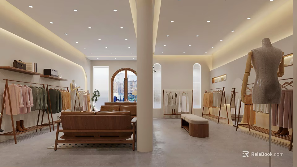 Modern Minimalist Clothing Store Interior With Warm Ambient Lighting Wooden Furnishings And Comfortable Customer Lounge 3d model 