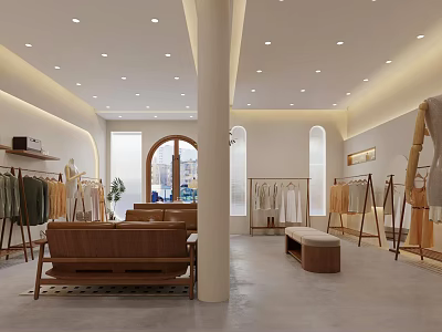Modern Minimalist Clothing Store Interior With Warm Ambient Lighting Wooden Furnishings And Comfortable Customer Lounge 3d model
