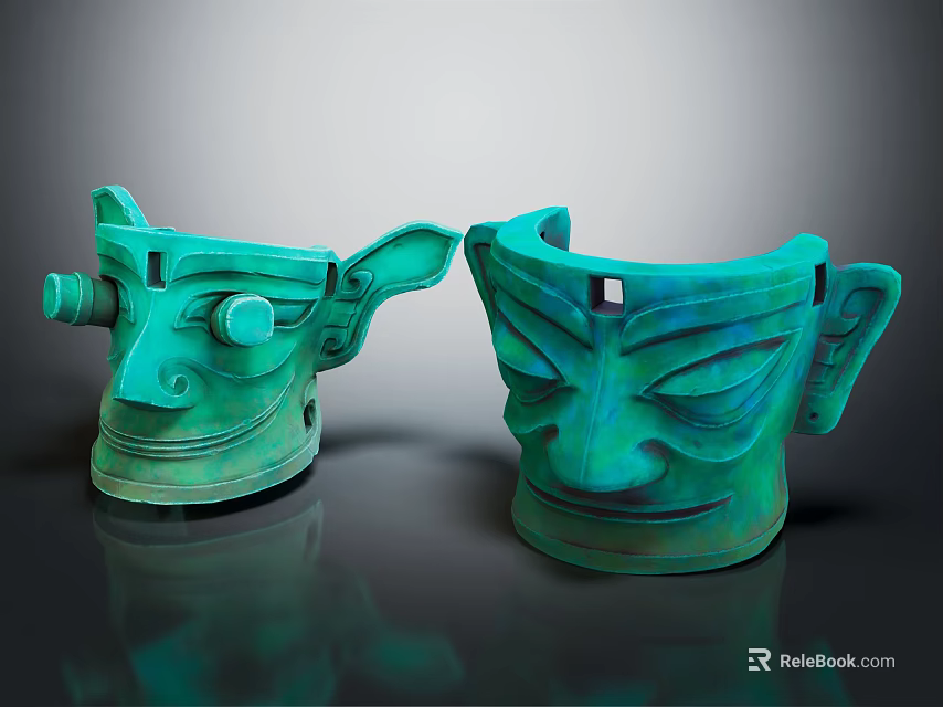 Ancient Bronze Masks With Greenish Blue Patina And Unique Facial Features 3d model 