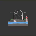 Wind Turbines Lighthouse Sailboat in Green Coastal Renewable Energy Landscape