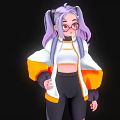Game And Movie Character With Purple Pigtails Hair Round Glasses White Orange Jacket And Backpack