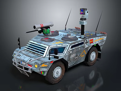 Armored Military Vehicle Featuring Weapon System Sensor Camera Antennas And Camouflage Design 3d model