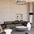 Modern Living Room Interior With Brown Sofa Chandelier Large Window Armchair And Coffee Table