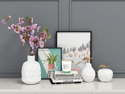 Decorative Ornament Set With Pink Branches White Vase Books Potted Plant Candle And Frames 3d model