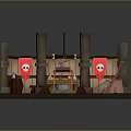 Medieval Workshop Interior With Wooden Pillars Red Banners Skull Symbols Workbench Tools And Crossbow