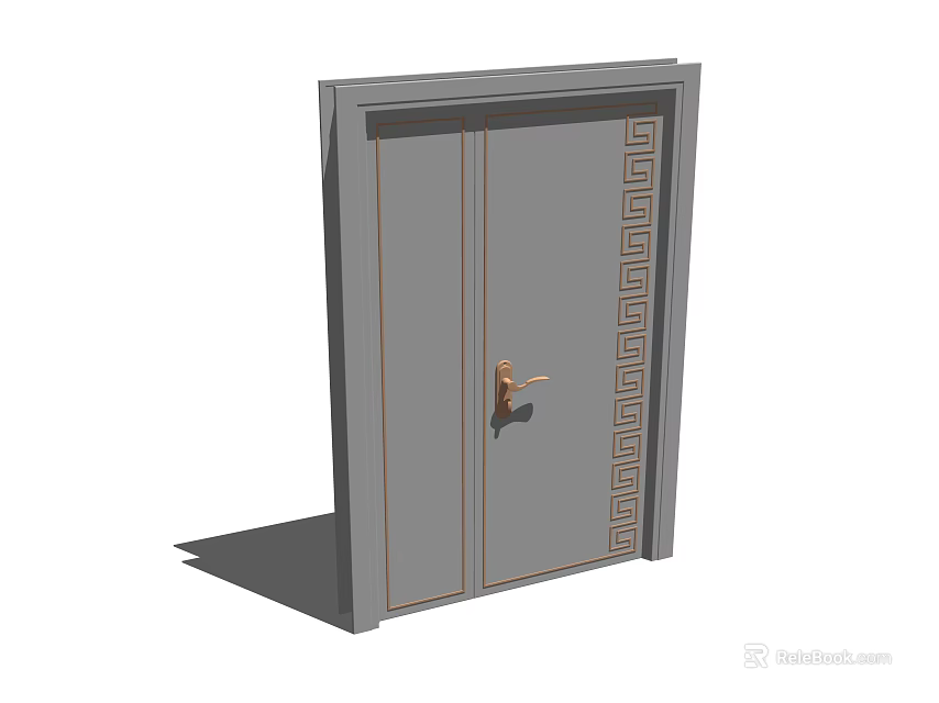 Contemporary Gray Double Door Design With Ornate Patterns And Golden Handle 3d model 