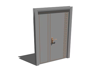 Contemporary Gray Double Door Design With Ornate Patterns And Golden Handle 3d model