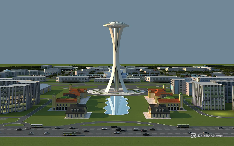 Modern Industrial Factory Complex With Green Landscaping Roads Parking Areas And Vehicles 3d model 