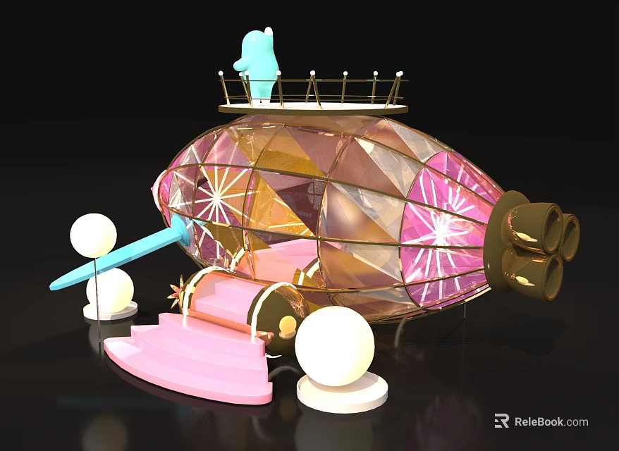 Ornate Pink And Gold Diamond Shaped Airship With Blue Figure Pink Steps And White Spheres 3d model 