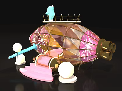 Ornate Pink And Gold Diamond Shaped Airship With Blue Figure Pink Steps And White Spheres 3d model