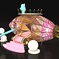 Ornate Pink And Gold Diamond Shaped Airship With Blue Figure Pink Steps And White Spheres