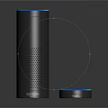 Sleek Gray Wireless Speaker With Cylindrical Design Blue Ring Light And Small Circular Device