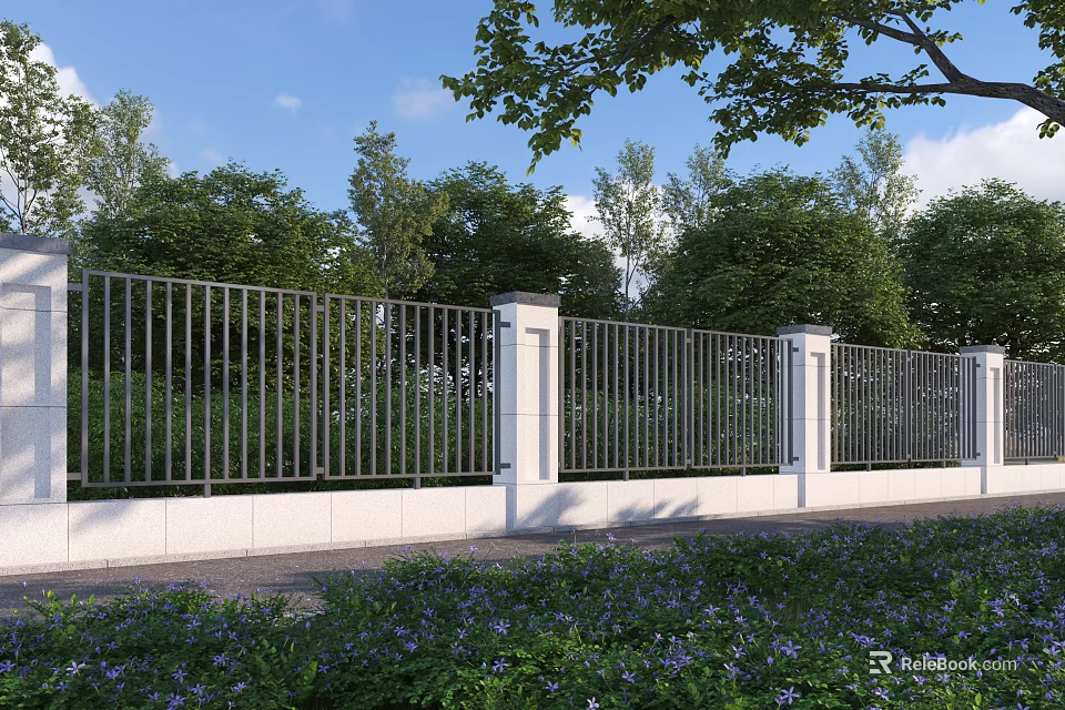 Outdoor Metal Fence With White Pillars Surrounded By Green Trees And Flowers Under Blue Sky 3d model 