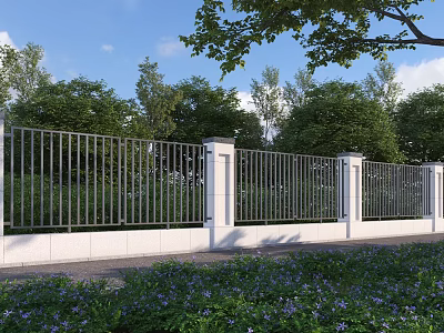 Outdoor Metal Fence With White Pillars Surrounded By Green Trees And Flowers Under Blue Sky 3d model