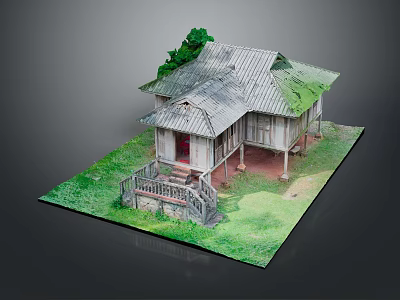 Traditional Wooden House Exterior Design With Gray Roof Red Door Wooden Stairs And Green Grass 3d model